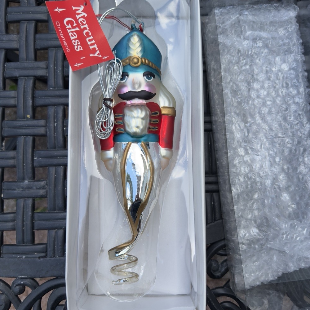 Vtg Dept 56 Handblown Mercury Glass Nutcracker Ornament Large 11" Red Blue Shiny